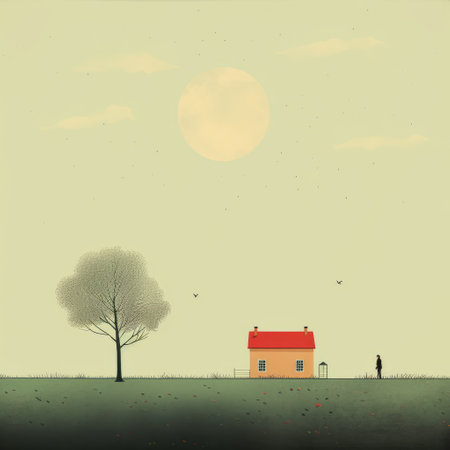 a dreamlike illustration of a house with a tree, facing north. this minimalist depiction captures the essence of rural life scenes. the digitally enhanced image showcases detailed character illustrations, creating a beautiful and hazy landscape. ai generatedの素材