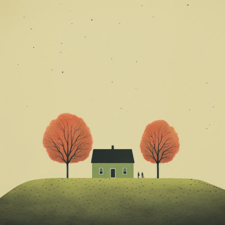 a small grassy hill on the left complements the house on the right in this minimalistic figurative photo. the atmospheric color washes and grainy film add to the overall aesthetic. detailed character illustrations and minimalistic portraits create a unique visual appeal. the photo captures the essence of rural america with its dotted landscape. ai generatedの素材
