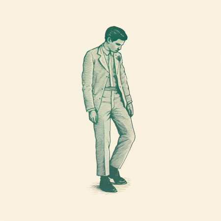 a vintage punk-inspired illustration featuring a man in a suit and tie. the artwork showcases subtle color harmonies and draws inspiration from artists such as albert joseph moore, emiliano ponzi, and giorgione. the naturalistic poses and retro-style add a unique touch to this captivating image. ai generatedの素材