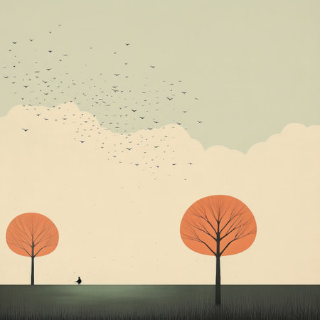 two trees standing on an orange field, captured in the minimalist style of an illustrator. the image evokes a sense of quiet contemplation, with naturalistic bird portraits and vintage poster design elements. the color palette consists of dark gray and light aquamarine, enhancing the detailed character illustrations. a unique blend of metropolis and nature. ai generatedの素材