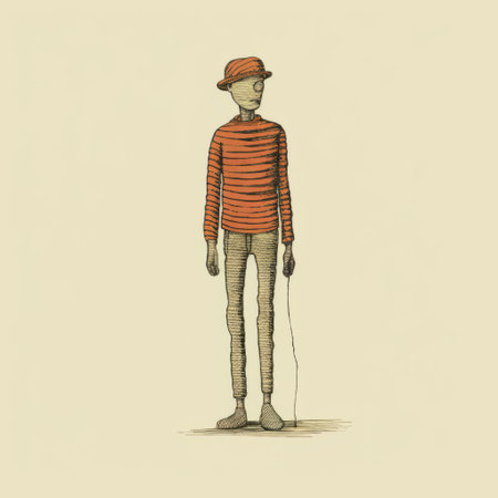 man wearing orange hat stands with white paper in style of alessandro gottardo. illustration features twisted characters, nostalgic vibes, and highly detailed, striped elements. the dark beige and red color scheme adds depth to this unique and captivating artwork. ai generatedの素材