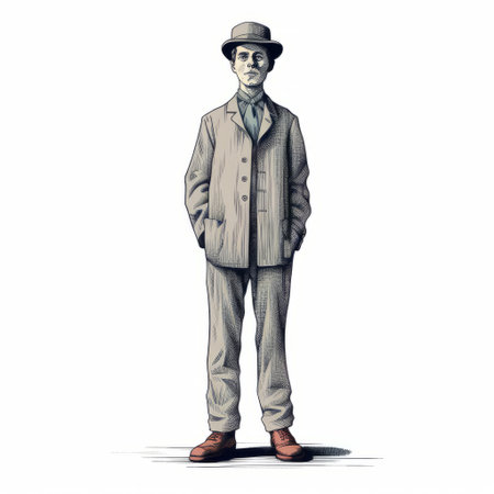 a vintage comic-style artwork featuring a gentleman character from gilmore girls. the man is dressed in a hat and a suit, exuding a sophisticated aura. the artwork showcases realistic and detailed rendering with monochromatic ink washes, creating a captivating visual. the figure is isolated, allowing the viewer to focus on the character. the color palette leans towards beige, reminiscent of a soviet aesthetic. the artworkの素材