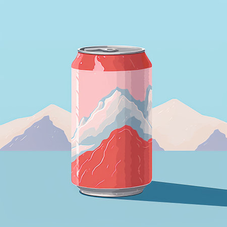 pepsi can with mountain digital illustration featuring a minimalist monochromatic landscape in light pink and red. created by temmie chang, the artwork showcases thick paint layers and cartoon compositions. the mountainous vistas are depicted with a flattened perspective, adding depth to the overall composition. ai generatedの素材