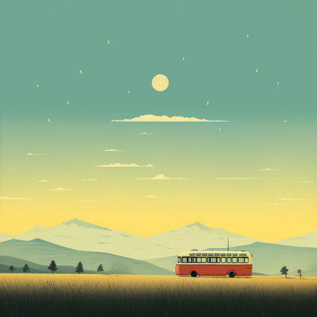 a red bus drives through a field, reminiscent of vintage poster design. the layered and atmospheric landscapes, inspired by the swiss style, feature a combination of dark yellow and light cyan hues. the photo captures the essence of nature, with charming character illustrations adding to its appeal. ai generatedの素材
