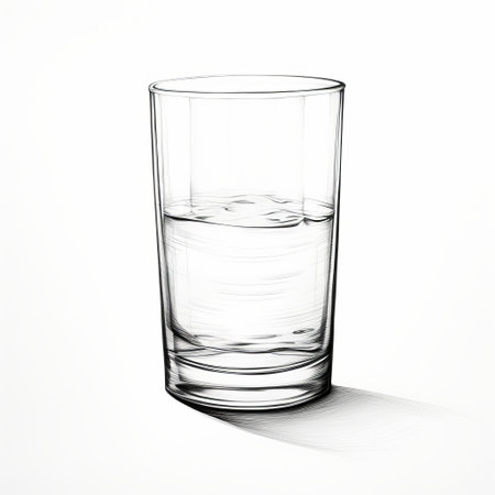 glass of water on white background: a highly realistic and detailed sketching style captures the essence of a glass of water. the expertly portrayed light and shadow add depth to the hyper-detailed illustration. with ambient occlusion enhancing the realism, this artwork showcases sharp and clever humor through its realistic and hyper-detailed renderings. ai generatedの素材