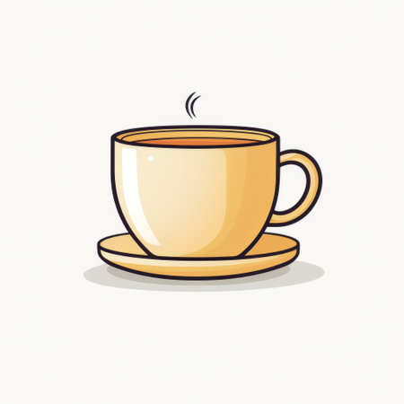 a yellow cup with a saucer and hot coffee in it, depicted in a colored cartoon style. the cup has a beige, streamlined design with simple line work. the color palette includes shades of gray and bronze. the photo is captured using a wide-angle lens, resulting in a clean and sharp inking. ai generatedの素材