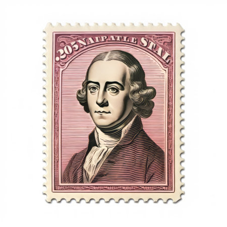 a postage stamp featuring the portrait of george washington and the new southern states stamp. this stamp is designed in the style of bo bartlett, with a color palette of pink and maroon. the design draws inspiration from johannes itten's calligraphic approach, showcasing streamlined elements with sharp lines. stanley pinker's influence can also be seen in the overall composition. ai generatedの素材
