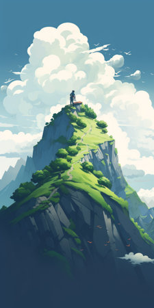 a stunning anime-style artwork featuring a majestic mountain adorned with lush green hills. at its peak sits a charming small house, adding a touch of serenity to the scene. created by the talented artists of etam cru, this detailed illustration showcases their expertise in character design. with a resolution of 32k uhd, the simple yet vibrant and colorful illustrations bring the gigantic scale and flattenedの素材