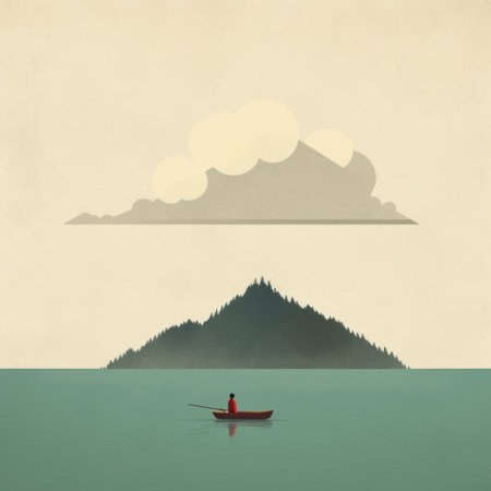 a minimalist illustration of a white boat floating on water under a serene blue sky with scattered clouds. this indonesian art-inspired piece captures the beauty of mountainous vistas and creates a moody and tranquil scene. the use of light red and dark green adds depth to the detailed character illustrations, which are digitally enhanced for a captivating visual experience. ai generatedの素材