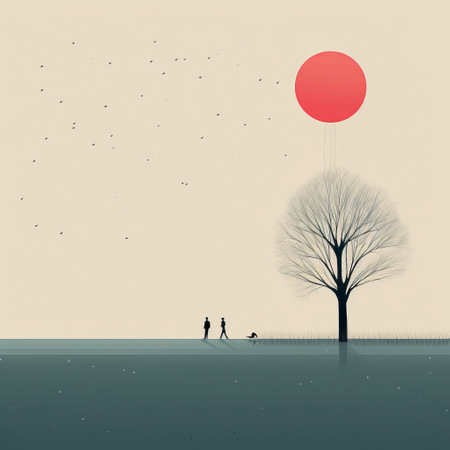 two people, dressed in vibrant attire, stand in a picturesque field, holding a single red balloon. this simplistic vector art captures the essence of minimalistic japanese style, with ethereal trees and textured landscapes in shades of dark gray and light cyan. the playful and whimsical depiction of animals adds a touch of charm to this enchanting illustration. ai generatedの素材