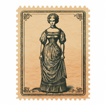 an old vintage stamp featuring a historically accurate depiction of an old woman in a dress. the stamp showcases the antebellum gothic style, with classical figurative realism and victorian-inspired illustrations. this unique piece of art highlights the talent of women designers and the intricate carving techniques used in stamp production. ai generatedの素材