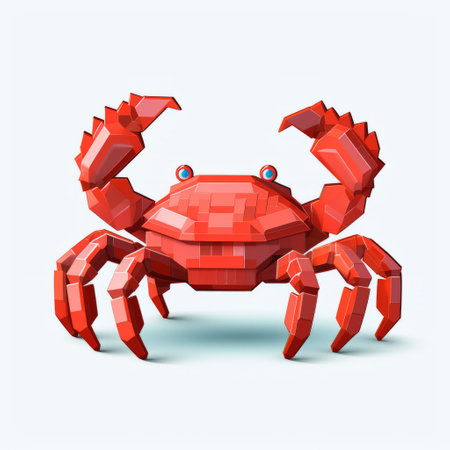an animated red crab icon is depicted in this voxel art style image. the hyper-realistic animal illustration showcases geometric shape patterns and vibrant color blocks. the composition is eye-catching, with the use of recycled materials and paper, resulting in a colorful and visually appealing mural. ai generatedの素材