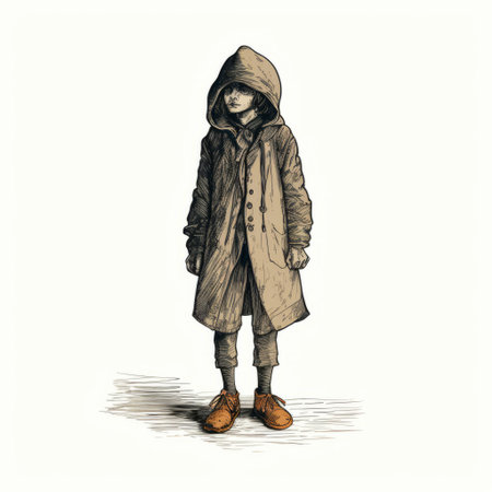 a young boy, dressed in a trenchcoat, stands beside a fox in this minimalist ink wash style artwork. the simplistic vector art showcases dark yellow and beige tones, reminiscent of gothic grotesque figures. the overall atmosphere of the piece is soggy and post-apocalyptic, evoking a sense of mystery and intrigue. ai generatedの素材