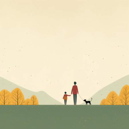 father and son, with their dog, gaze upwards on a field. this minimalist illustration, inspired by the textured landscapes of gene luen yang, captures the essence of suspended hanging. the warm color palette, reminiscent of alessandro gottardo's work, adds depth to the image. the focus on joints and connections enhances the emotional bond between the characters. ai generatedの素材