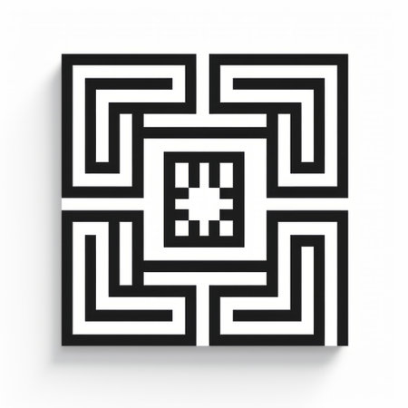 abstract black and white painting featuring a decorative geometrical design. this artwork combines elements from interlocking archetypal symbols, superflat style, byzantine iconography, voxel art, bamileke art, logo, and shaped canvas. ai generatedの素材