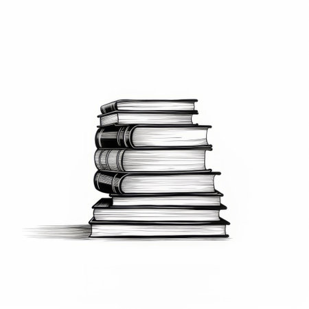 a black and white drawing of a pile of books, featuring intense lighting and shadow. the style is simplistic cartoon with detailed character illustrations. this uhd image has a white background and has been digitally enhanced. the drawing is inspired by the barbizon school of art. ai generatedの素材