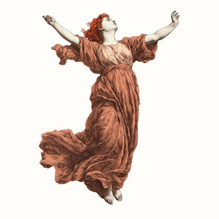 a greek woman gracefully dances in a black dress, depicted in hyperrealistic style with light orange and light crimson hues. this stunning illustration, reminiscent of burne-jones' work, is created using ink and color. the artist, adonna khare, skillfully captures the highly realistic details, showcasing her talent for creating charming character illustrations. ai generatedの素材