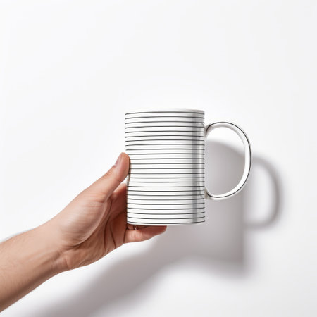 a hand is holding a black and white striped coffee mug mockup, inspired by the style of johannes jan schoonhoven. the mockup showcases repetition of form against a white background, reminiscent of georg jensen's design aesthetic. this everyday object-centric mockup features a light green and gray color scheme, adding a touch of modernity to the composition. ai generatedの素材