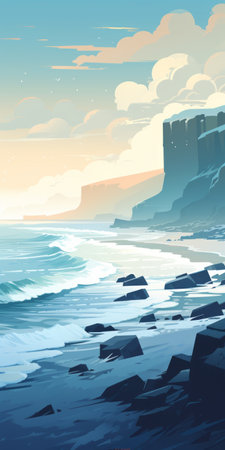 san diego sea wall seaside scene captured in high definition by fredo mariano. this artwork showcases the artist's unique style of flat illustrations, atmospheric color washes, and the incorporation of crystalline and geological forms. the soft gradients and inspiration from scottish landscapes create a captivating concept art piece reminiscent of the works of kerem beyit. ai generatedの素材