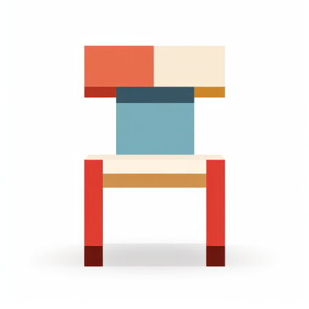 a multicolor pixel chair in the style of flat illustrations, featuring stylized simplicity. the chair is adorned with light crimson and light blue hues, showcasing elements of suprematism. the design also incorporates dark orange and beige tones, adding a touch of minimalistic simplicity. the overall composition is characterized by subtle tonal values. ai generatedの素材