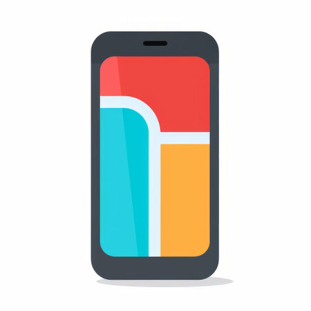 a smartphone on a white background featuring simple, colorful illustrations with flat chromatic fields and bold graphic forms. the design is reminiscent of android jones, with a combination of dark cyan and orange, light crimson and gray. the overall aesthetic is characterized by soft and rounded forms. ai generatedの素材