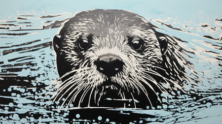an otter with blue water on top of it, captured in a close-up, realistic seascapes style of screen printing. the otter's strong facial expression is highlighted by the relief effect created through light black and turquoise strip painting. ai generatedの素材