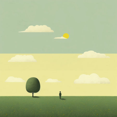 a small landscape painting featuring trees in the middle of a large field. this pop art cartoonish illustration, inspired by the style of alessandro gottardo, showcases a monochromatic contemplation in yellow and green tones. the artist, philip mckay, skillfully incorporates solarizing techniques reminiscent of the masterful works of johfra bosschart. ai generatedの素材