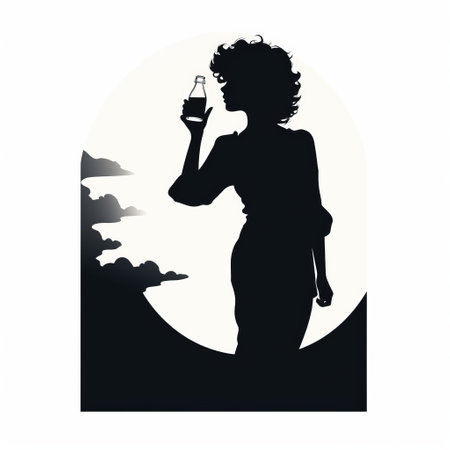 silhouette illustration featuring women and bottles, reminiscent of romantic moonlit seascapes. inspired by cindy sherman's art deco sensibilities, this piece showcases romantic illustrations with a touch of gritty hollywood glamour. the gender-bending iconography and lively tavern scenes add depth to the composition. ai generatedの素材