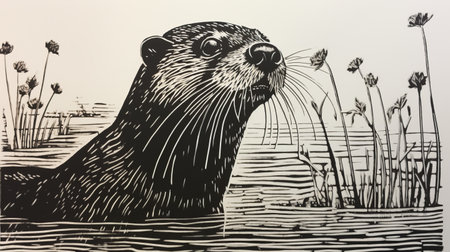 an otter gracefully swims in water, captured in a black-and-white block print style. this prairiecore-inspired artwork showcases realistic hyper-detail, reminiscent of monumental murals. the bold and cartoonish lithographs bring the otter to life, while the 8k resolution highlights every intricate detail of the surrounding flora and fauna. ai generatedの素材