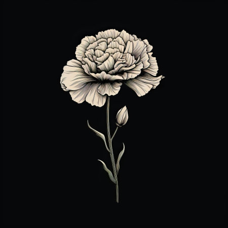 a white carnation flower is showcased on a black background in this chic illustration. the dark beige and gray tones create a macabre atmosphere, while the accurate and detailed rendering adds a visually poetic touch. this romantic illustration captures the essence of the carnation flower in a unique and captivating way. ai generatedの素材