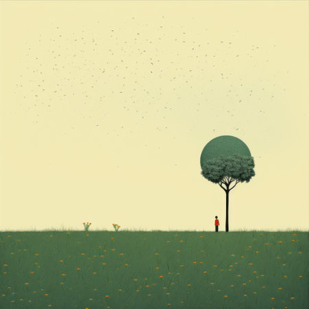 a little boy, inspired by the whimsical cartoon-style of alessandro gottardo, stands next to trees, holding two sticks. this serene landscapism scene, reminiscent of victor pasmore's work, is brought to life through a detailed digital illustration. the artwork also features intricate crowd scenes made of insects, adding a unique touch to the overall composition. ai generatedの素材
