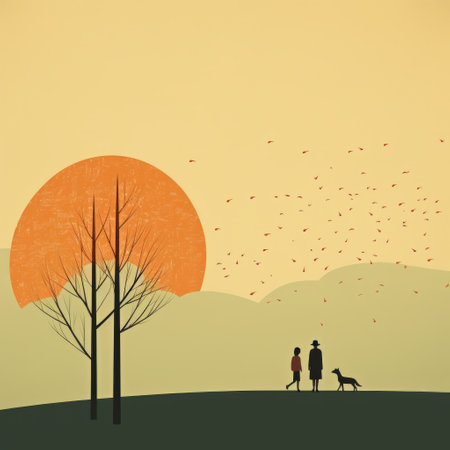 silhouettes of people walking their dogs in an autumn park. vector color, mid-century illustration style, minimalist art. digitally enhanced, layered and atmospheric landscapes. contemporary indian art capturing the essence of nature. romantic illustration. ai generatedの素材
