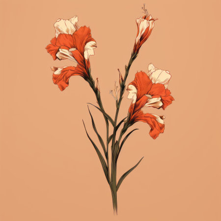 two orange flowers, resembling digital paintings and drawings, are captured against a beige background. the style of valentin de boulogne and hyacinthe rigaud is evident, with dark red and white hues. the simple yet colorful illustrations create a trace monotone effect, resulting in hyperrealistic compositions. ai generatedの素材