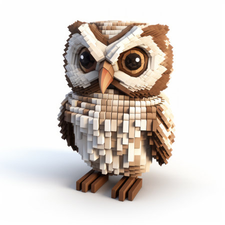 a 3d printed toy owl created by daniel garrison fx. this digital creation features a mosaic-like composition with a mix of white and brown colors. the cartoonish character design is reminiscent of worthington whittredge's artwork. it also serves as a three-dimensional puzzle, inspired by the works of john wilhelm and jim lively. ai generatedの素材