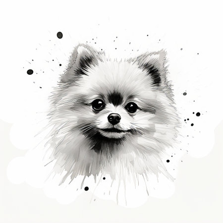 a pomeranian dog portrait in graphic art style, resembling a monochrome painting. this playful character design by januz miralles captures the essence of the pomeranian breed. the realistic watercolor technique used by ivanovich pimenov adds emotive faces and emotionally-charged brushstrokes to the artwork. ai generatedの素材