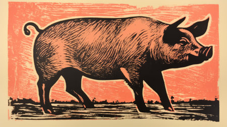 an orange pig, depicted in the style of linocut prints, stands on the ground. the design showcases a romanticized depiction of wilderness, with emphasis on linear perspective. the pig is rendered in light magenta and dark bronze, while the background features bold lithographic, monumental forms in light red and dark black. ai generatedの素材