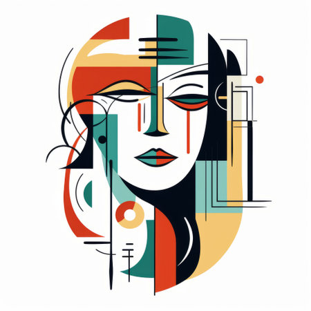 a vector illustration of a contemporary woman's face in an abstract art style. the illustration features flat design with colorful geometric shapes, reminiscent of cubist futurism. the art deco ornamentation adds an elegant touch to the linear composition. the controlled color palette and mosaic-like composition create emotive faces that captivate the viewer. ai generatedの素材