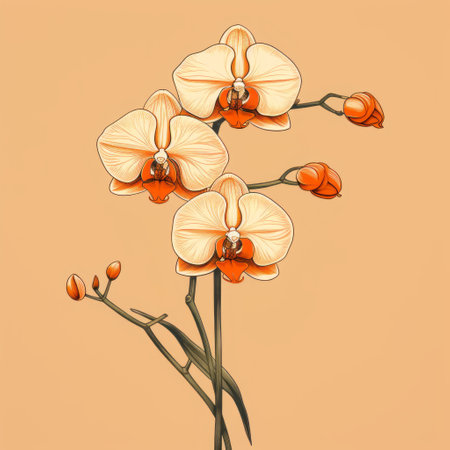 a vector illustration featuring beautiful orchid flowers on a beige background. the illustration is done in a style that combines dark orange and white colors, creating dynamic still lifes. the artwork showcases high levels of detail, with nature-inspired forms and bold chromaticity. this graphic illustration captures the beauty of orchids in a visually striking way. ai generatedの素材