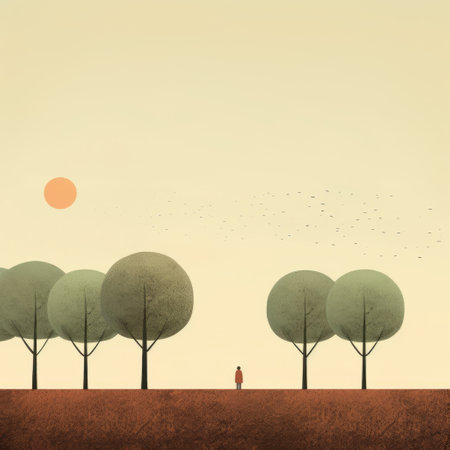 a sunrise in the style of figurative minimalism, featuring detailed backgrounds and earthy colors. the life-like avian illustrations add a touch of realism to the spatial concept art. the flattened perspective and mid-century illustration techniques create a unique visual experience. ai generatedの素材