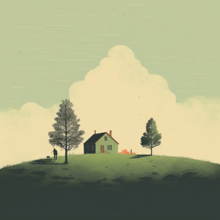 a cartoon hill, forest, and tree with a house on it, showcasing a vintage minimalistic style. the artwork captures the essence of subtle atmospheric perspective, detailed atmospheric portraits, and the aesthetics of the farm security administration. the richly colored skies, grainy textures, and shades of light green and green add depth and vibrancy to the composition. ai generatedの素材