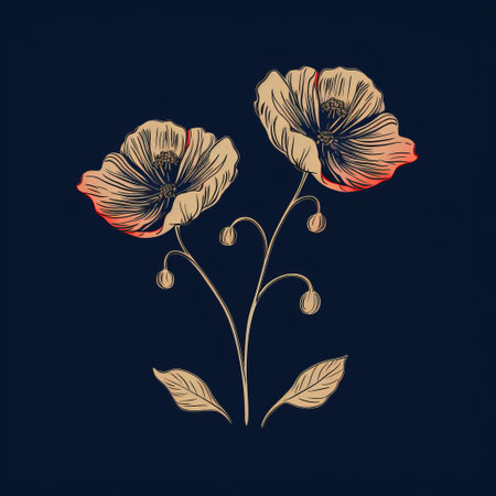 gold leaves and poppy flowers create a striking contrast against a dark background in this nostalgic illustration. inspired by the linear illustrations of koloman moser, this minimalistic drawing features colorized elements in light red and dark blue, adding depth and vibrancy to the composition. ai generatedの素材