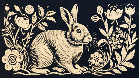 white rabbit on black background in intricate woodcut style, featuring naturalistic flora and fauna. inspired by american prints from 1880-1950, the image showcases a blend of light brown and dark blue tones. with trompe-l'oeil illusionistic details, this high-definition image resembles enchanting storybook illustrations. ai generatedの素材