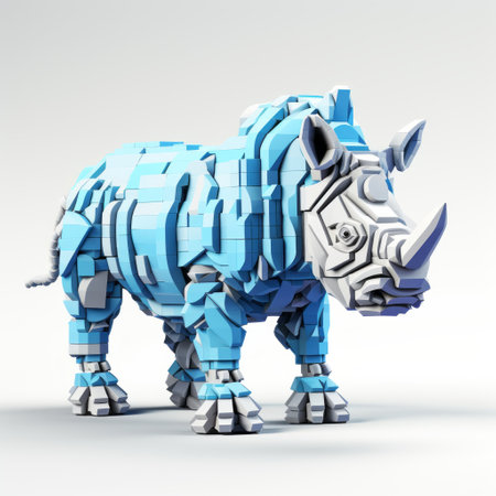 a 3d modeled rhino made of plexium, featuring futuristic elements and a color palette of light blue and blue. this modular constructivism design showcases a blend of imaginary creatures, robots, and junglecore aesthetics. the rhino's appearance is enhanced by mixed patterns, reflecting influences from industrial and product design. ai generatedの素材