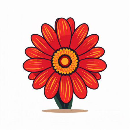 a single red flower stands out against a white background in this quirky cartoonish illustration. the bold color usage of dark orange and red creates an eye-catching effect. with its bloomcore vibes, this artwork features strong lines and distinctive character design, making it truly unique. ai generatedの素材