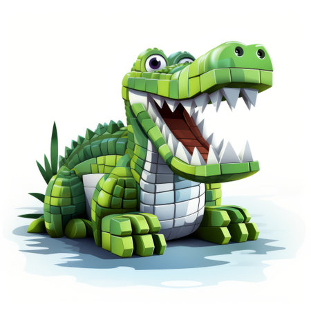 a small crocodile, depicted in voxel art style, sits on a white background. the caricature-like illustration showcases digitally enhanced charm, with bold color blocks resembling stone sculptures and cardboard cutouts. ai generatedの素材