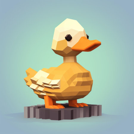 a low polygon figurine, inspired by charming character illustrations, is depicted lying on top of a square base. this duckcore-styled creation showcases intricate character design, textured shading, and an avian-themed aesthetic. crafted using voxel art techniques, the figurine stands out with its vibrant yellow color. ai generatedの素材