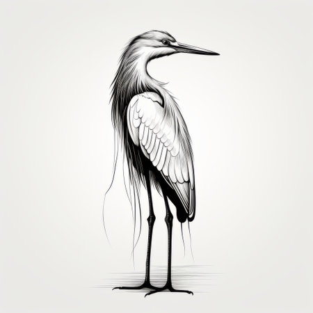 a heron bird is depicted in this isolated vector illustration. the artwork is created in a minimalist ink wash style, with dark proportions and shades of gray and beige. the illustration showcases highly detailed realism, while maintaining a sense of minimalistic serenity. the dark and brooding designer has skillfully crafted this intricate minimalism. ai generatedの素材