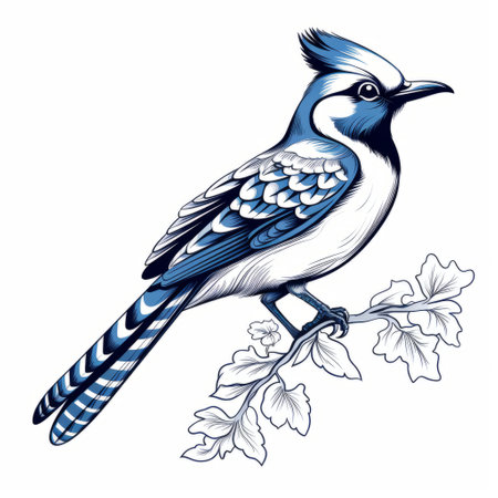 a blue and white jay perches on a branch, showcasing a classic tattoo motif. this 2d game art-inspired illustration combines historical illustrations and trace monotone techniques. the colorful and eye-catching composition features distinctive character design, reminiscent of mural paintings. ai generatedの素材