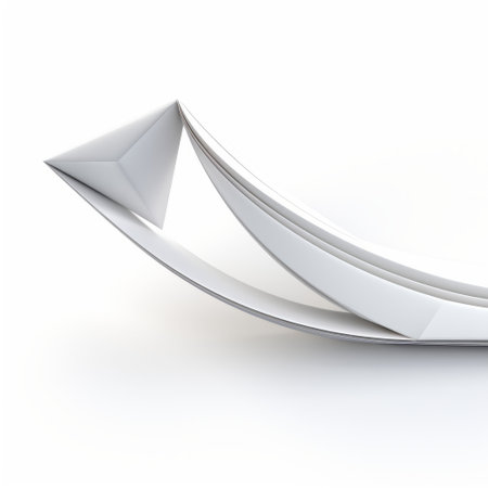 a white paper arrow gracefully glides across a pristine white background, showcasing polished craftsmanship and playful streamlined forms. inspired by the artistic style of vladimir volegov, the arrow embodies intricate ship sails made of liquid metal, with curvilinear forms reminiscent of cad (computer aided design). ai generatedの素材