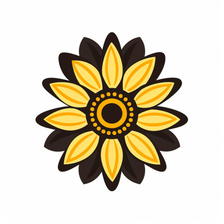 a sunflower vector, featuring a flattened flower, is depicted on a white background. the design showcases a dark yellow and dark black color scheme, with ndebele-inspired motifs adding a feminine touch. this sticker art is characterized by its flat and graphic style, incorporating elements of celtic art and simple, colorful illustrations. the overall aesthetic is further enhanced by baroque-inspired ornamentation. ai generatedの素材
